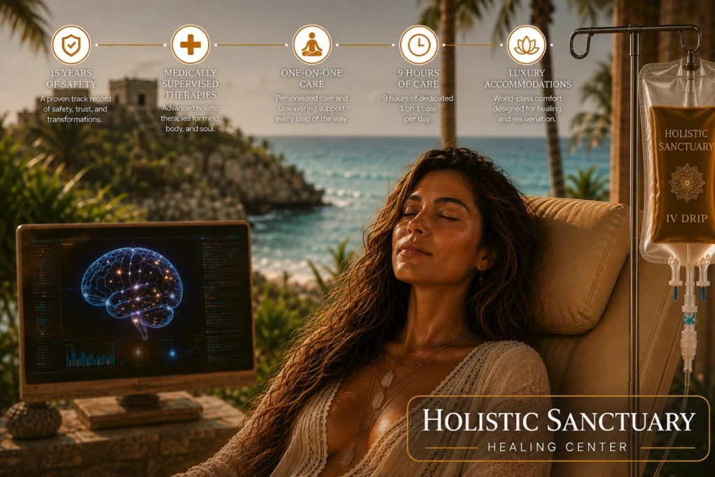 Woman resting in a reclined chair receiving a Holistic Sanctuary IV drip beside a monitor showing a brain scan, with the Caribbean coastline and Tulum ruins behind her, and callouts for fifteen years of safety, medically supervised therapies, one-on-one care, nine hours of care per day and luxury accommodations.