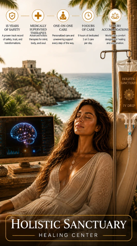 brain-repair-iv-drip-protocol-holistic-sanctuary-private-suite-vertical Vertical infographic showing a guest receiving the Brain Repair IV drip in a private oceanfront suite at Holistic Sanctuary beside a brain imaging display.