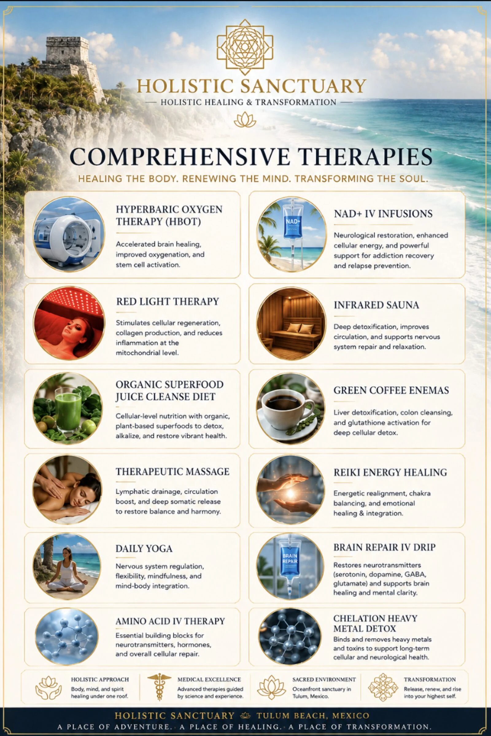 Comprehensive holistic therapies at Holistic Sanctuary — HBOT, NAD+ IV, red light therapy, Reiki, and Brain Repair IV drip