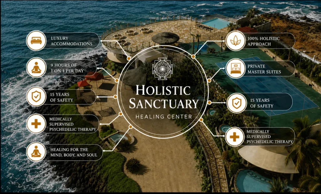 Aerial view of the Holistic Sanctuary oceanfront healing center showing luxury accommodations, nine hours of one-on-one care per day, private master suites, medically supervised psychedelic therapy and a fully holistic approach.