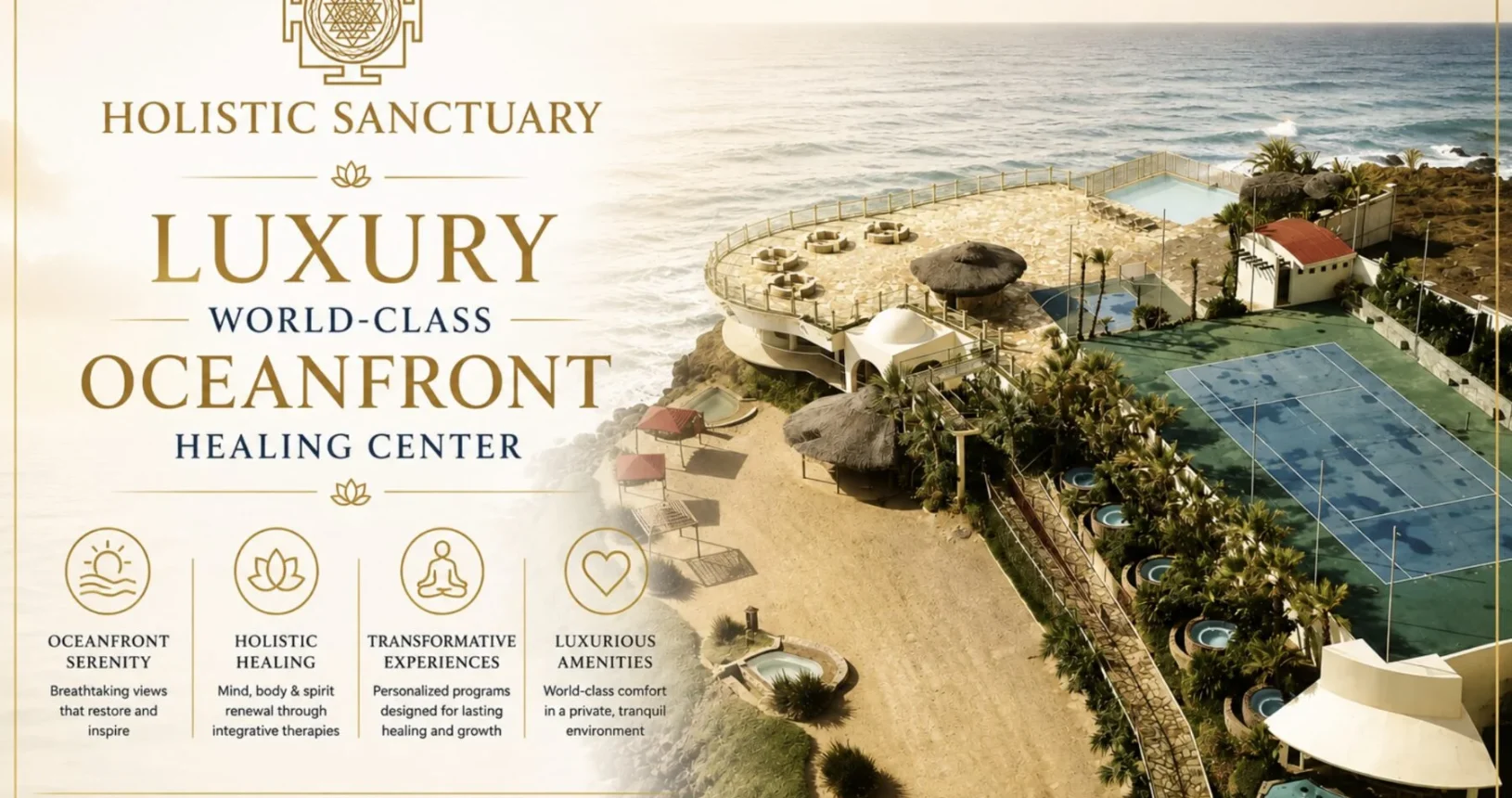 Aerial view of the oceanfront luxury mental health treatment center operated by Holistic Sanctuary in Mexico