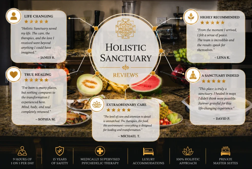 Holistic Sanctuary reviews infographic showing five client testimonial cards with five-star ratings from James R., Sophia M., Michael T., Lena K. and David P., set over a photograph of fresh organic food prepared at the healing center, with callouts for nine hours of one-on-one care per day, fifteen years of safety, medically supervised psychedelic therapy, luxury accommodations, a 100 percent holistic approach and private master suites.