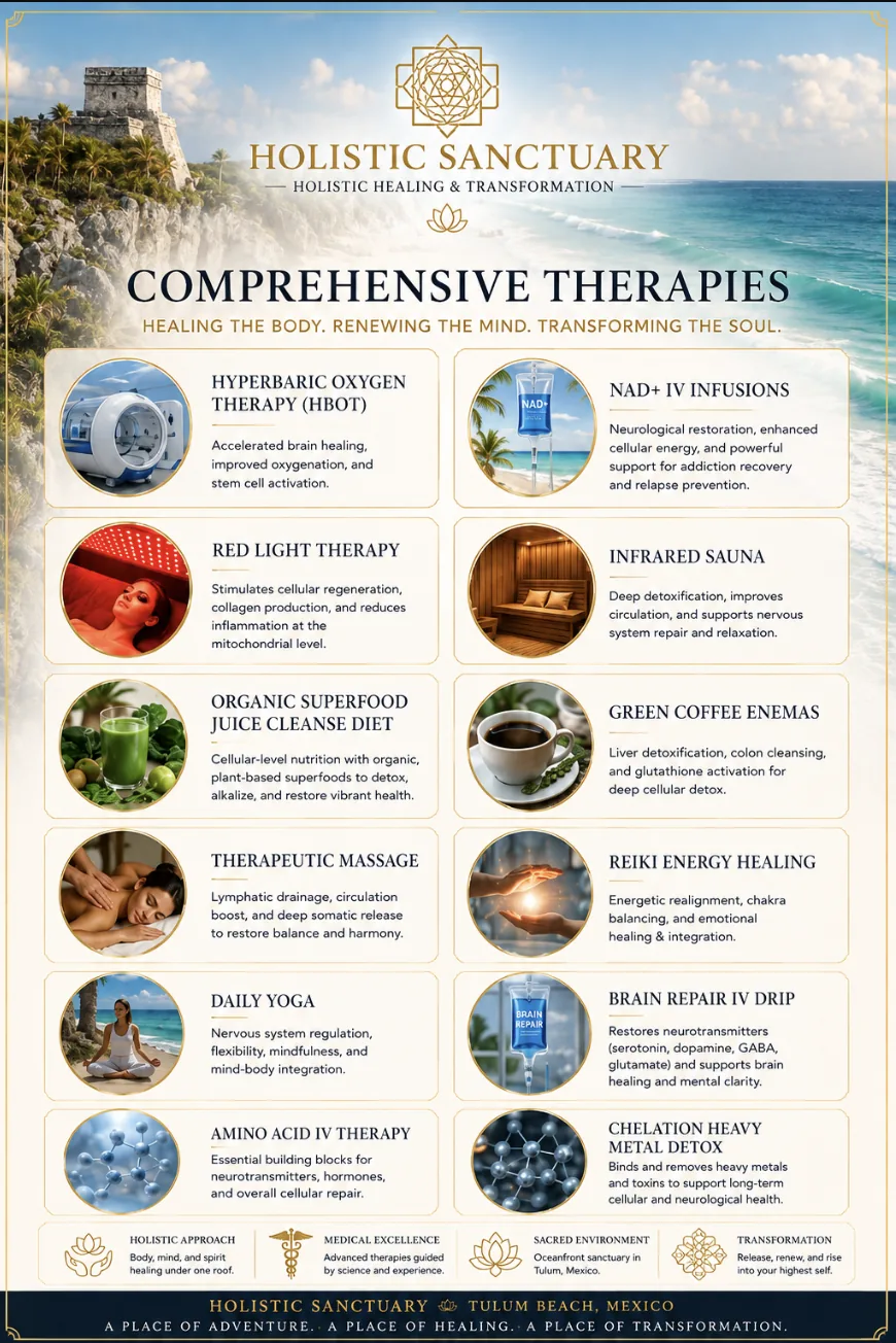 Holistic Sanctuary comprehensive therapies — hyperbaric oxygen, NAD+ IV, red light therapy, infrared sauna, organic superfood nutrition, massage, reiki, yoga, Brain Repair IV, amino acid IV, chelation detox