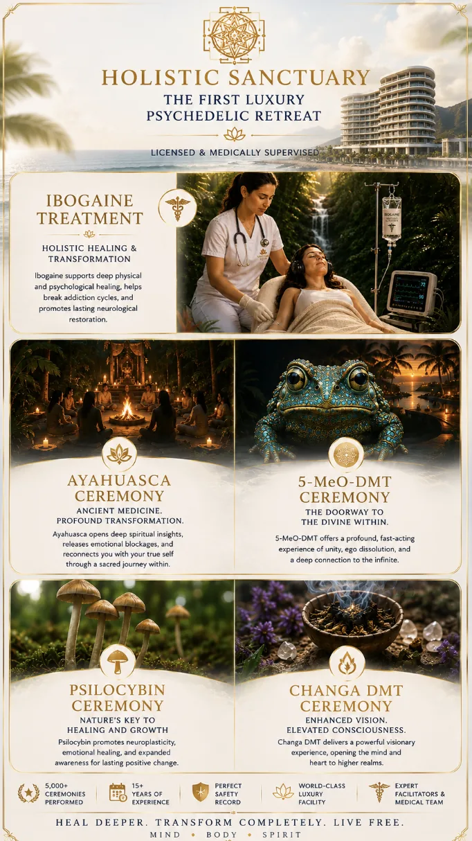 Holistic Sanctuary luxury psychedelic retreat programs — ibogaine treatment, ayahuasca ceremony, 5-MeO-DMT ceremony, psilocybin ceremony and changa DMT ceremony, licensed and medically supervised