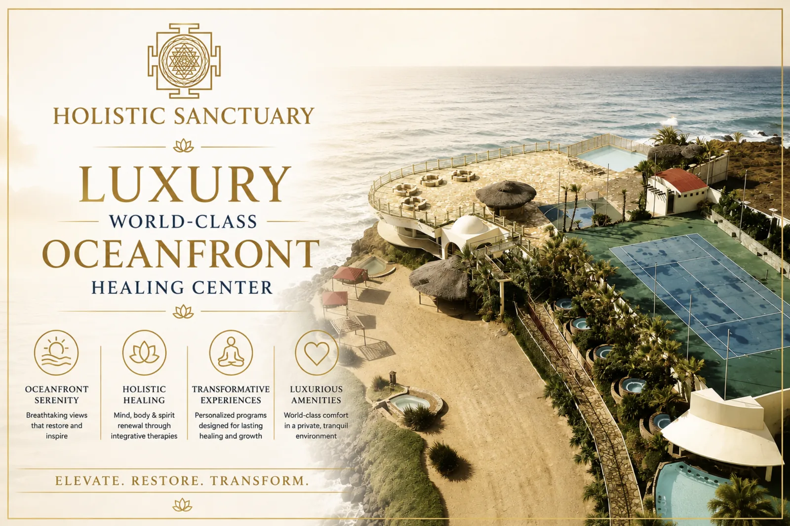 Holistic Sanctuary luxury world-class oceanfront healing center — private facility with pools, spa amenities and ocean views