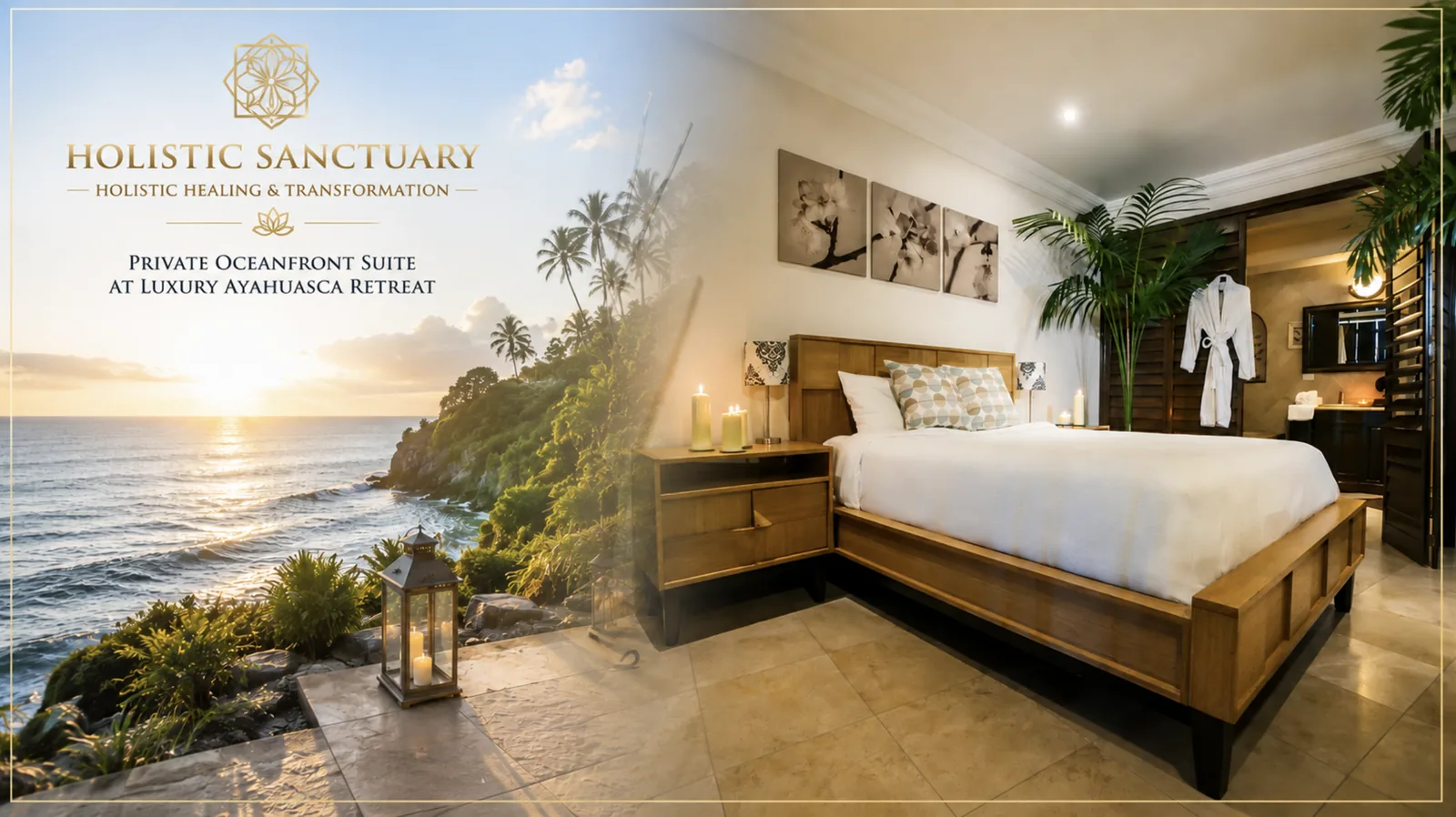 Private oceanfront suite at Holistic Sanctuary luxury retreat — elegant accommodations with ocean views, organic linens and spa-inspired bathrooms