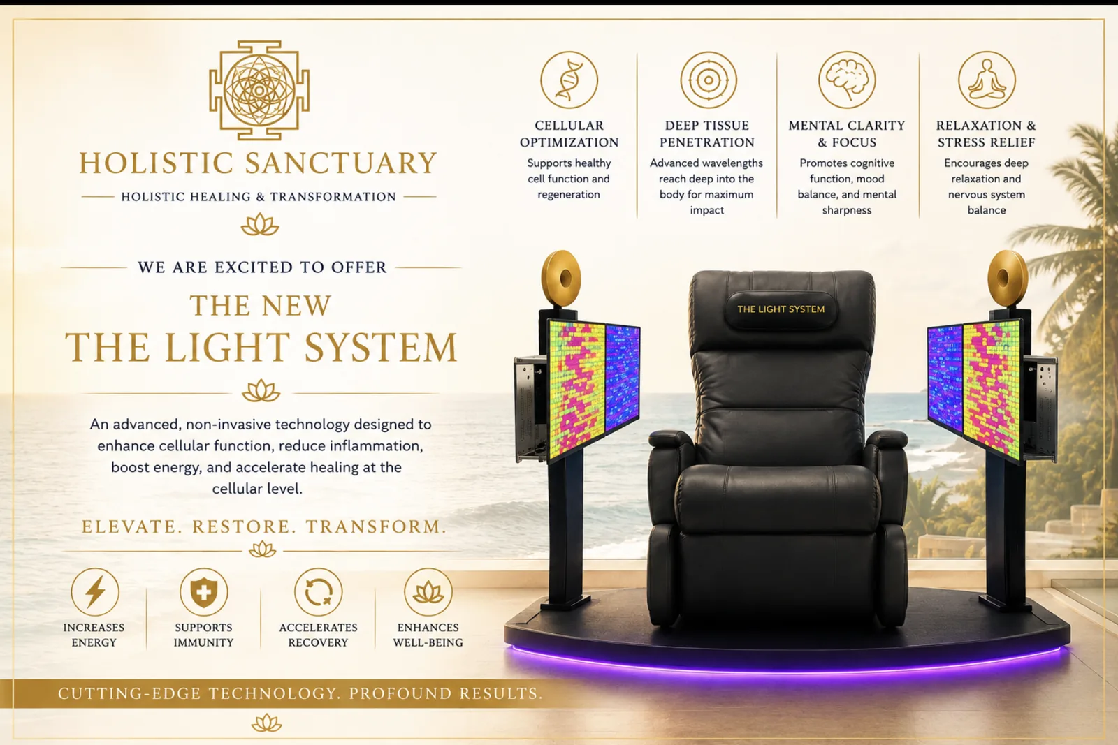 The Light System at Holistic Sanctuary — advanced non-invasive light therapy technology in an oceanfront treatment room