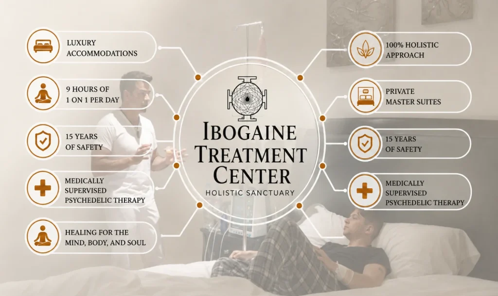 Client resting in a private master suite during medically supervised ibogaine treatment at Holistic Sanctuary, with cardiac monitoring at the bedside and panels listing luxury accommodations, nine hours of one-on-one care, fifteen years of safety, medically supervised psychedelic therapy and a holistic approach.