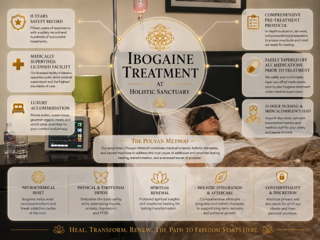Ibogaine treatment infographic showing a client resting in a private suite at Holistic Sanctuary with a bedside monitor displaying live vital signs, alongside the Pouyan Method, fifteen-year safety record, supervised medication taper and twenty-four-hour nursing