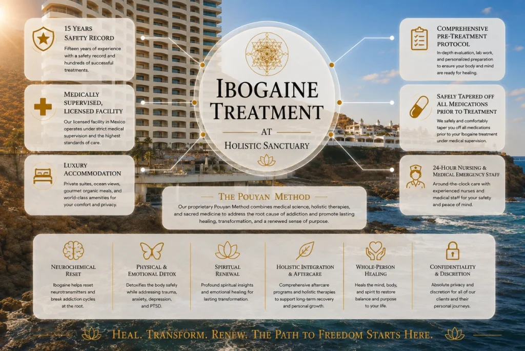 Ibogaine treatment infographic showing the licensed oceanfront Holistic Sanctuary facility in Mexico with the Pouyan Method, fifteen-year safety record, private suites, supervised medication taper and twenty-four-hour nursing and medical staff