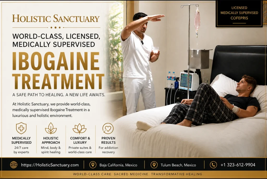 Medically supervised ibogaine treatment at Holistic Sanctuary, with a clinician monitoring a guest receiving IV therapy in a private luxury suite