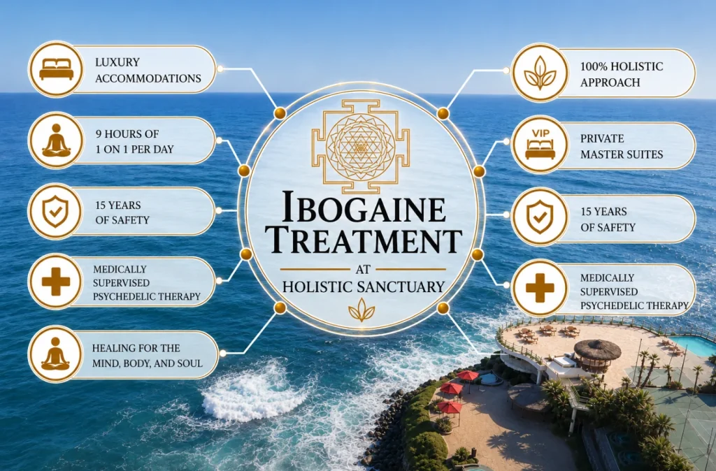 Oceanfront infographic for ibogaine treatment at Holistic Sanctuary in Baja California, listing luxury accommodations, nine hours of one-on-one care per day, fifteen years of safety, medically supervised psychedelic therapy, healing for mind body and soul, a 100 percent holistic approach, and private master suites.