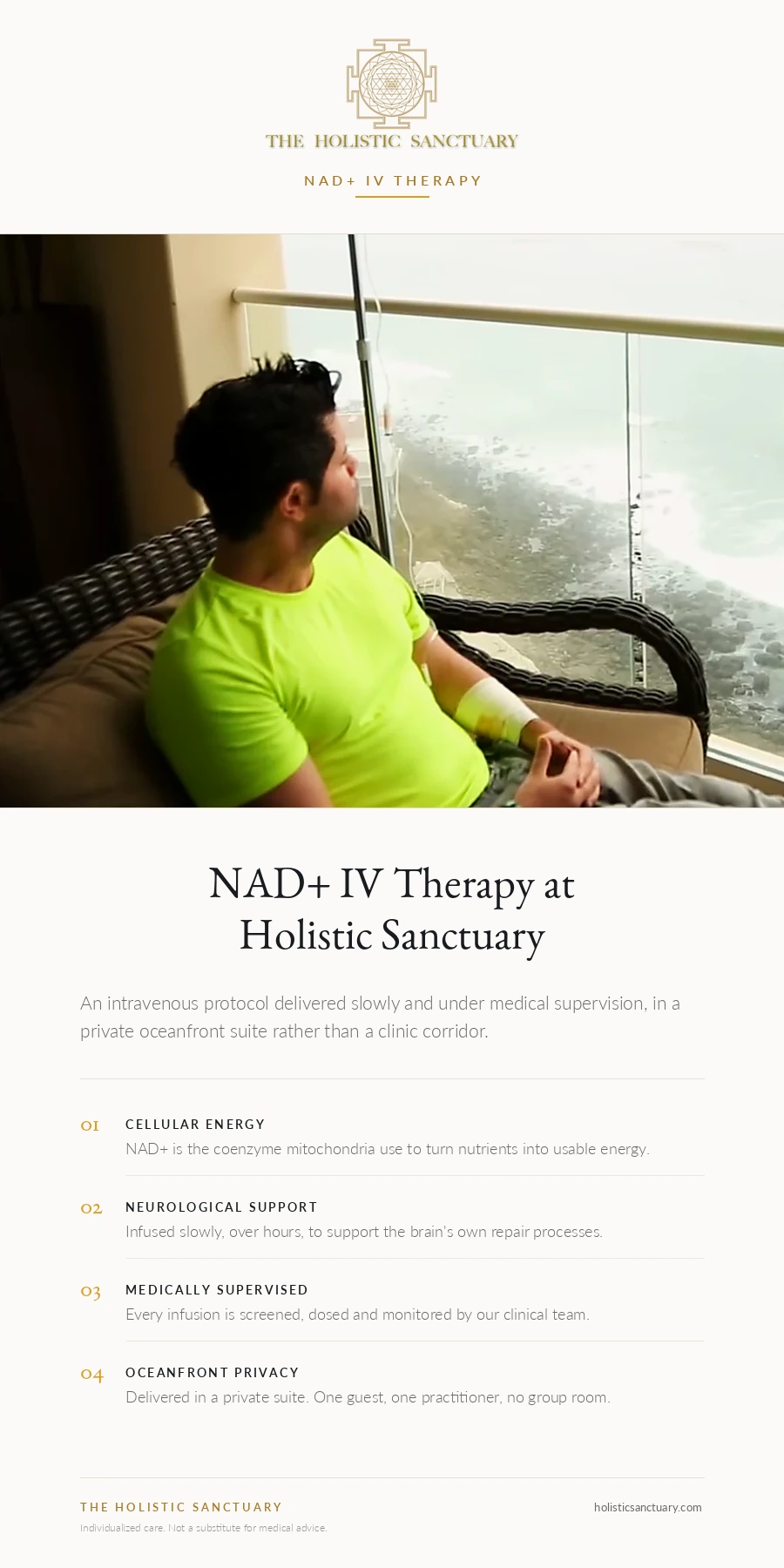 NAD+ IV Therapy at Holistic Sanctuary — Vertical Infographic Vertical NAD+ IV therapy infographic showing a guest receiving a supervised NAD+ infusion in a private oceanfront suite at Holistic Sanctuary