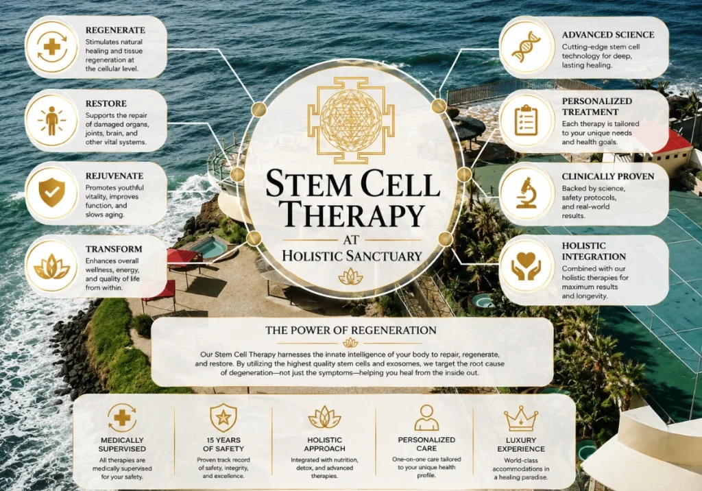 Stem cell therapy at Holistic Sanctuary infographic over an aerial view of the oceanfront facility, with callouts for regenerate, restore, rejuvenate and transform on the left, advanced science, personalized treatment, clinically proven and holistic integration on the right, and a footer listing medically supervised care, fifteen years of safety, a holistic approach, personalized one-on-one care and a luxury experience.