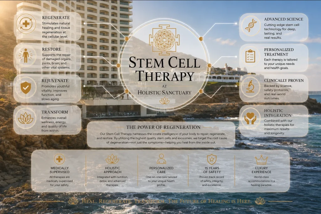 Stem cell therapy infographic showing the oceanfront Holistic Sanctuary facility with regenerate, restore, rejuvenate and transform pillars, personalized treatment, medical supervision, fifteen years of safety and holistic integration