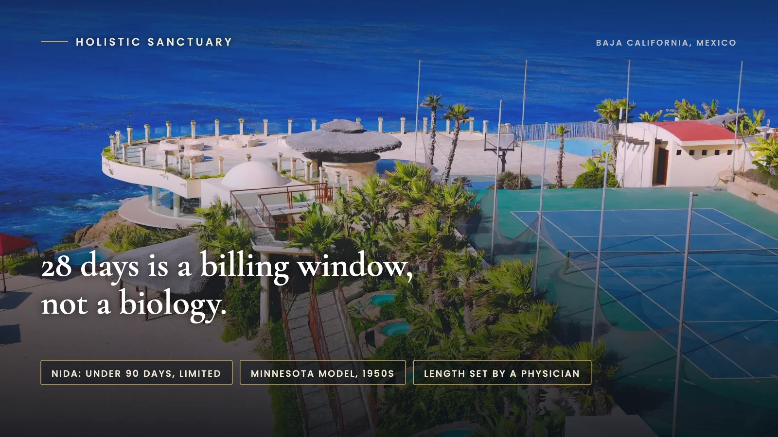 Why 28 Day Rehab Fails: Where the Number Came From and What the Research Says 28 day rehab infographic over the aerial view of the oceanfront terraces at Holistic Sanctuary in Baja California, Mexico, stating that 28 days is a billing window, not a biology.