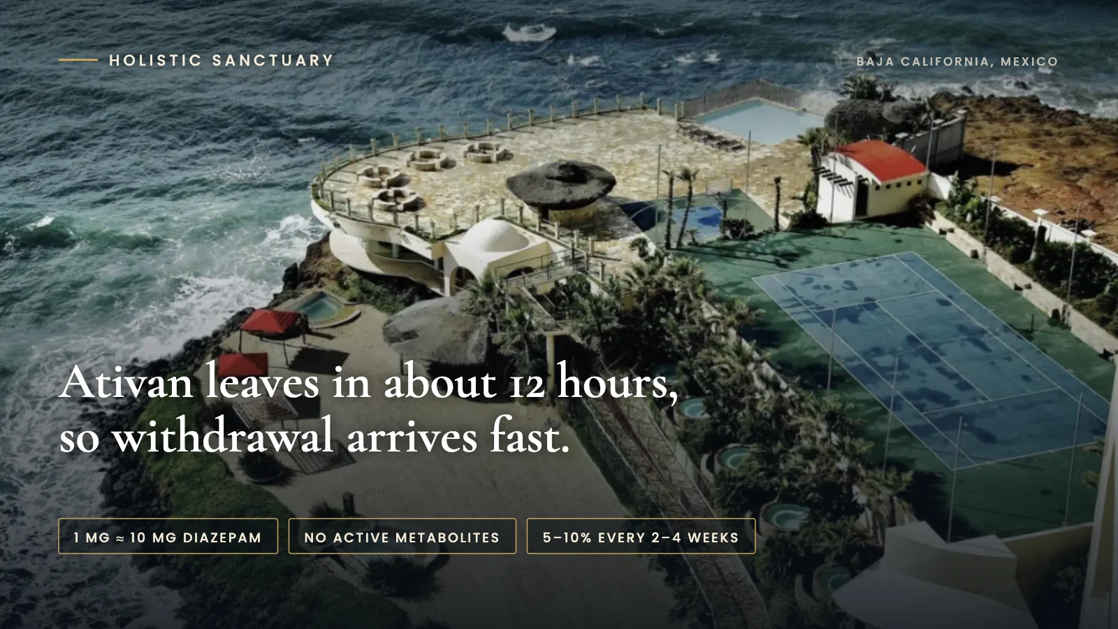 Ativan (Lorazepam) Withdrawal and Side Effects: What the Research Shows Ativan withdrawal infographic over the aerial view of the oceanfront cliffside facility at Holistic Sanctuary in Baja California, Mexico, stating that Ativan leaves in about 12 hours so withdrawal arrives fast.