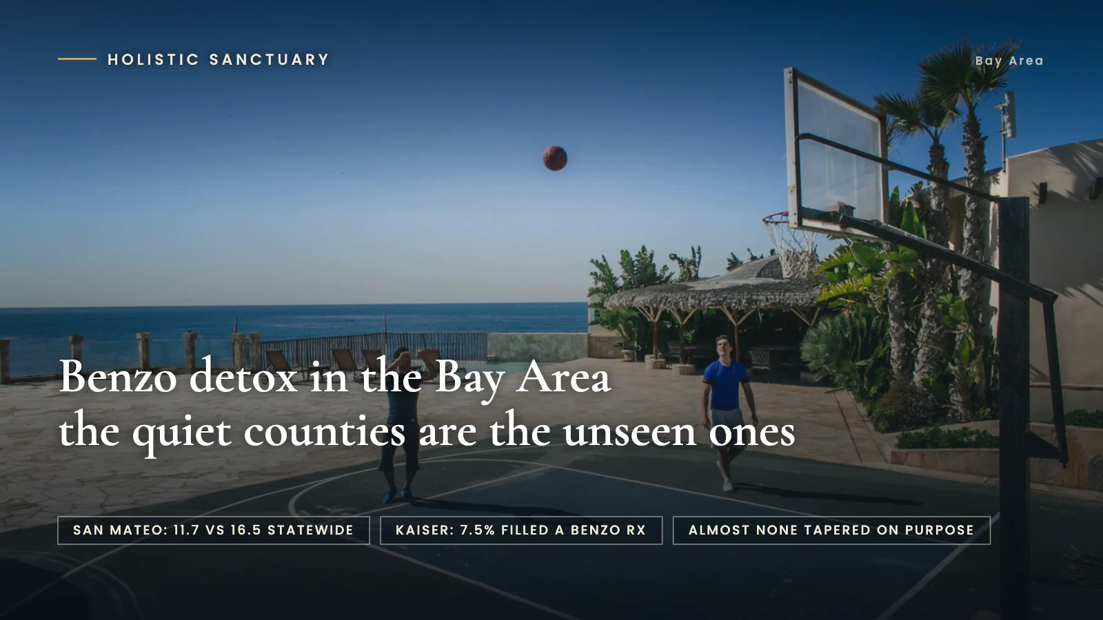 Benzo Detox in the Bay Area: 5 Essential Peninsula Facts Benzo detox in the Bay Area infographic over the oceanfront basketball court at Holistic Sanctuary, stating that the quiet counties are the unseen ones.