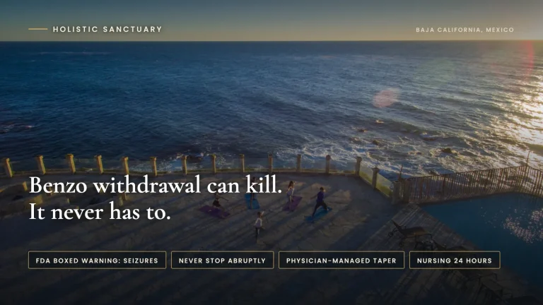 Can You Die From Benzo Withdrawal? Benzo withdrawal can kill and never has to: infographic over the oceanfront terrace at Holistic Sanctuary