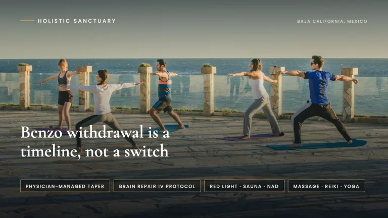 How Long Does Benzo Withdrawal Last? Benzo withdrawal timeline infographic over an oceanfront yoga session at Holistic Sanctuary