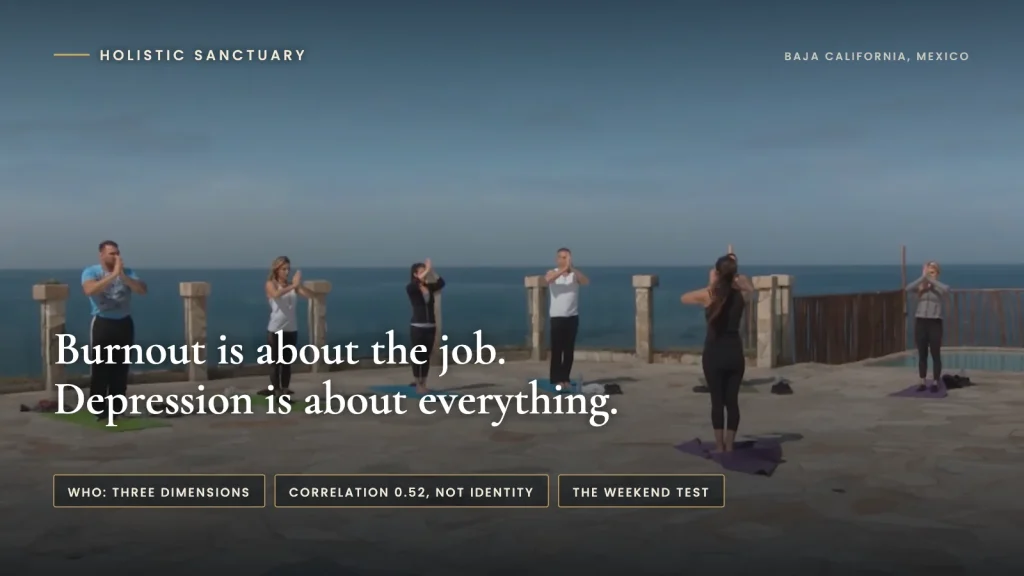 Burnout vs depression infographic over guests practicing yoga on the beachfront terrace above the Pacific at Holistic Sanctuary in Baja California, Mexico, stating that burnout is about the job and depression is about everything, with labels for the WHO three dimensions, correlation 0.52 not identity, and the weekend test.