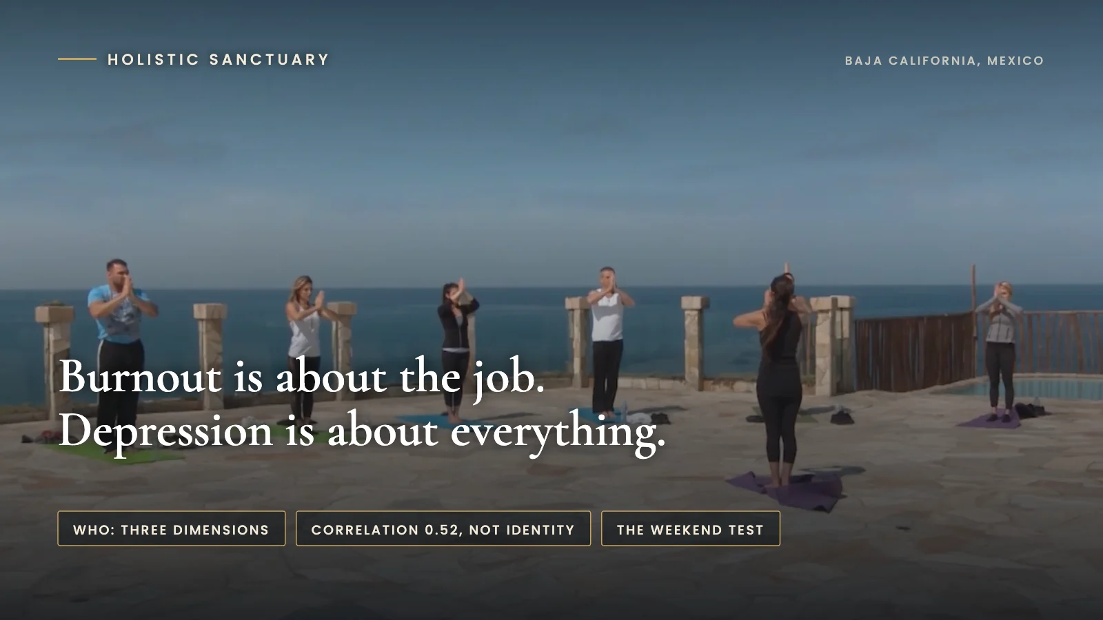 Burnout vs Depression: How to Tell the Difference, and Why It Matters Burnout vs depression infographic over guests practicing yoga on the beachfront terrace at Holistic Sanctuary in Baja California, Mexico, stating that burnout is about the job and depression is about everything.