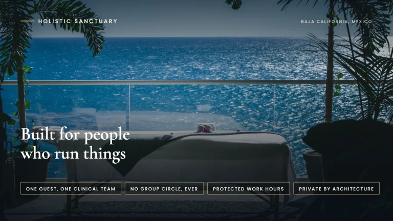 Executive Rehab: What Makes It Different Executive rehab built for people who run things: infographic over the oceanfront terrace at Holistic Sanctuary