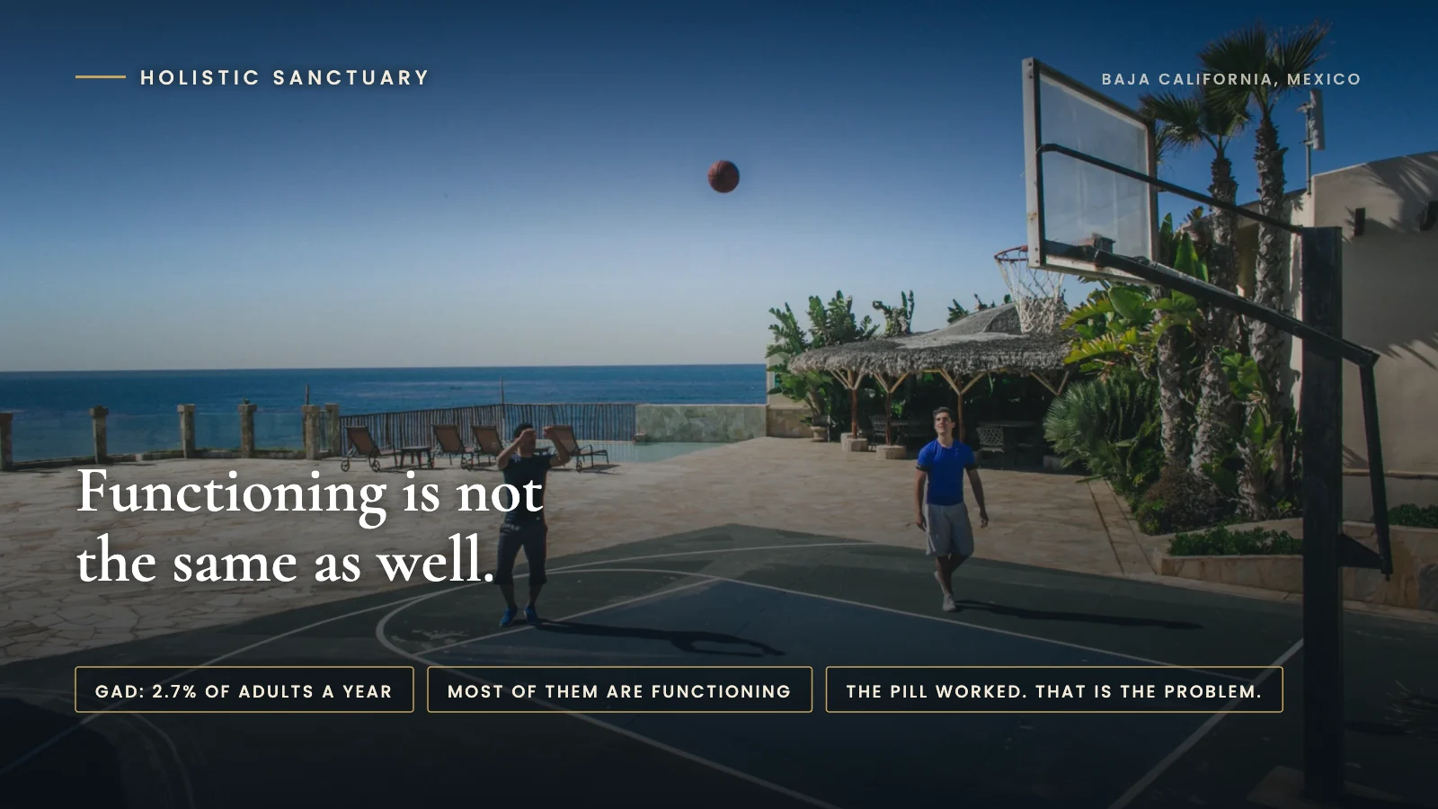 High Functioning Anxiety and Benzodiazepine Dependence: When the Prescription Becomes the Condition High functioning anxiety infographic over two guests playing basketball on the oceanfront court at Holistic Sanctuary in Baja California, Mexico, stating that functioning is not the same as well.