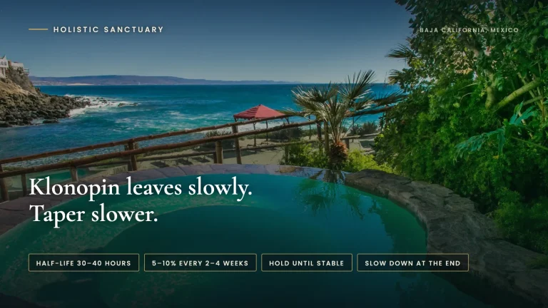 Tapering Off Klonopin: Why Fast Tapers Fail Klonopin taper infographic over the oceanfront pool at Holistic Sanctuary