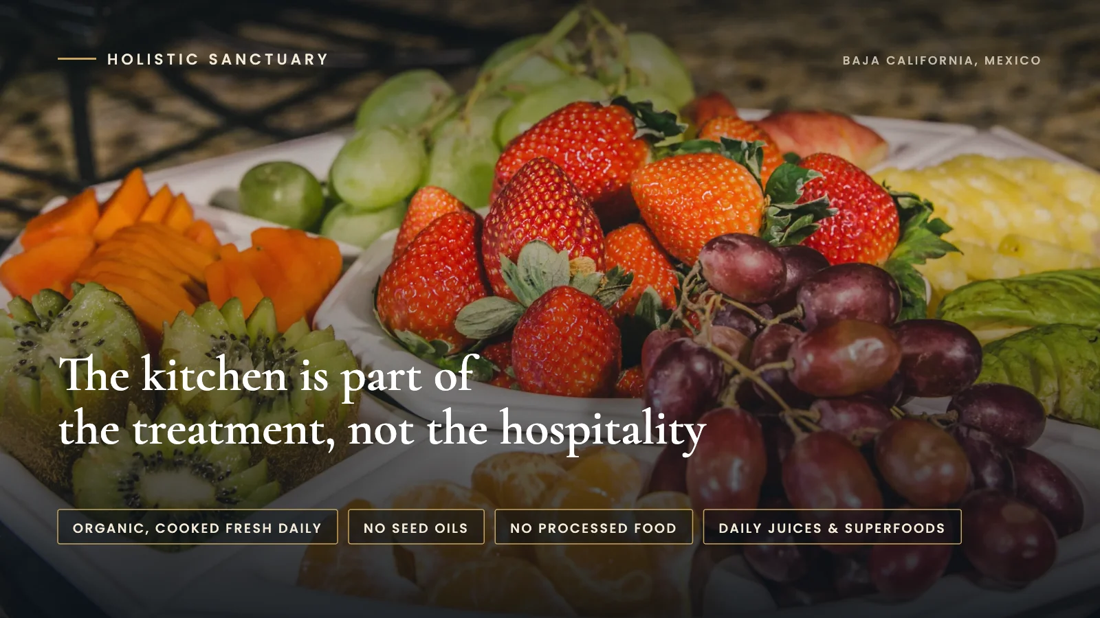 Infographic over a platter of organic fruit at Holistic Sanctuary in Baja California, Mexico, stating that the kitchen is part of the treatment: organic and cooked fresh daily, no seed oils, no processed food, daily juices and superfoods.