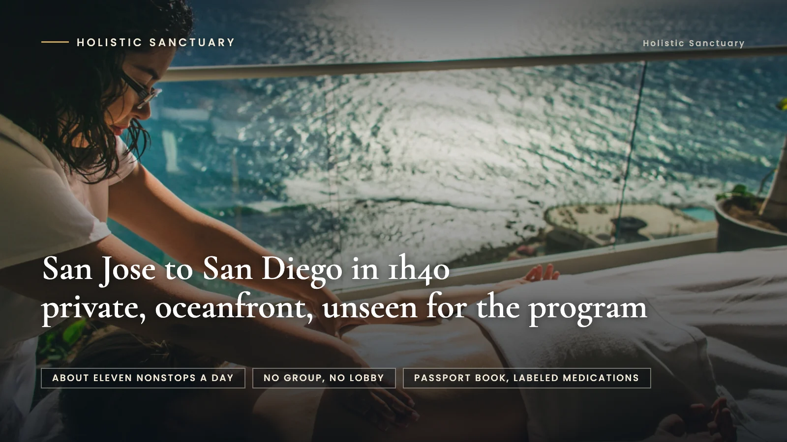 Infographic over an oceanfront massage session at Holistic Sanctuary in Baja California, stating that San Jose to San Diego is an hour and forty minutes and the program is private, oceanfront and unseen, with labels for about eleven nonstops a day, no group and no lobby, and a passport book with labeled medications.