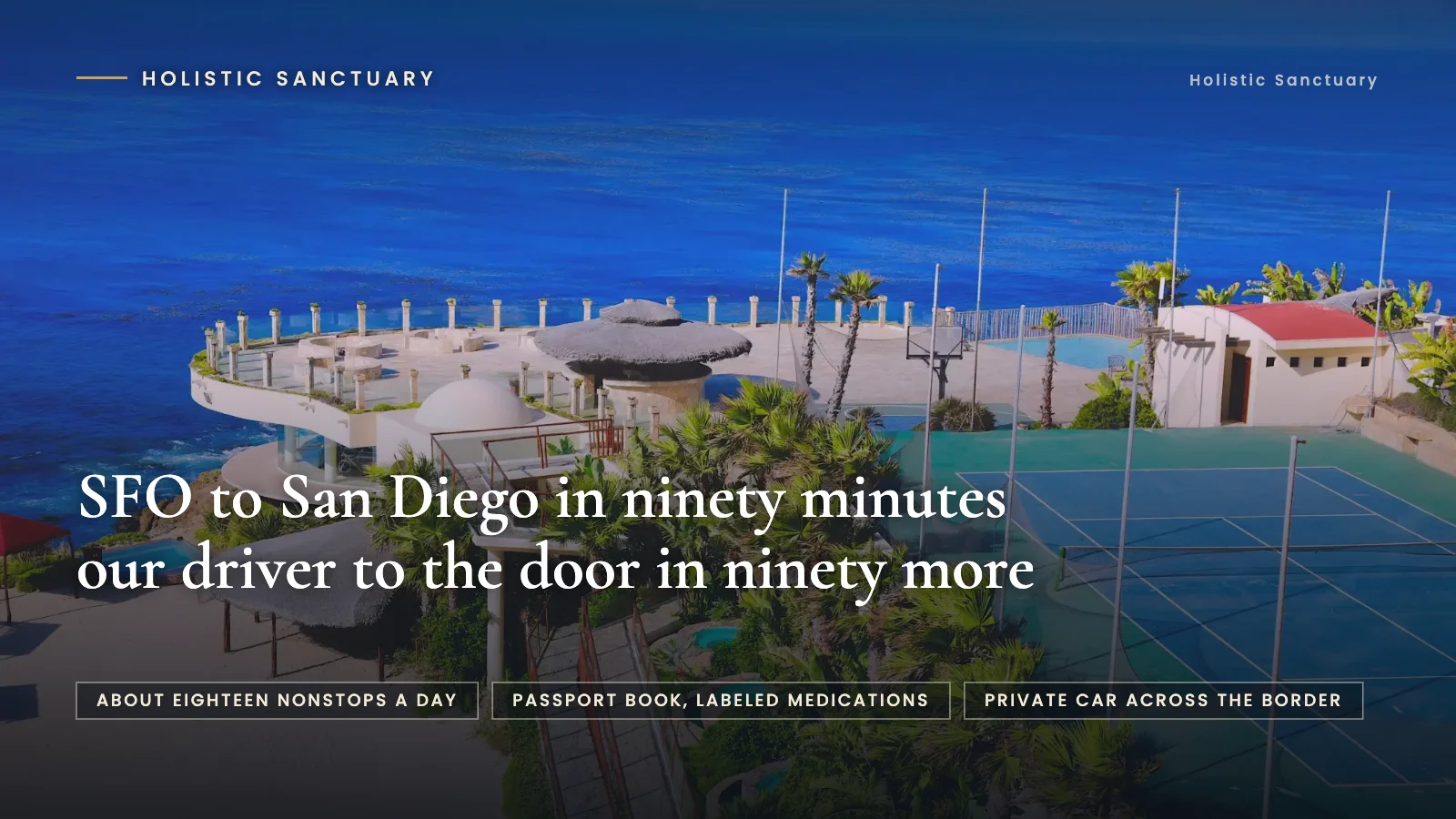Infographic over the aerial view of the oceanfront Holistic Sanctuary property in Baja California, stating that the flight from SFO to San Diego takes ninety minutes and our driver brings you to the door in ninety more, with labels for about eighteen nonstops a day, a passport book and labeled medications, and a private car across the border.