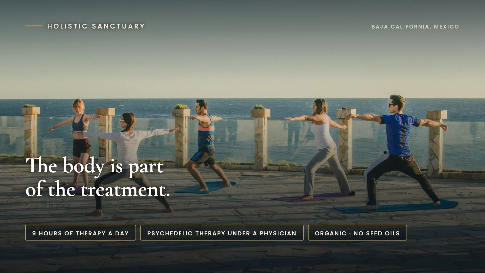 Infographic over guests holding warrior pose on the oceanfront yoga terrace at Holistic Sanctuary in Baja California, Mexico, stating that the body is part of the treatment, with labels for nine hours of therapy a day, licensed psychedelic therapy under a physician, and organic food and no seed oils.