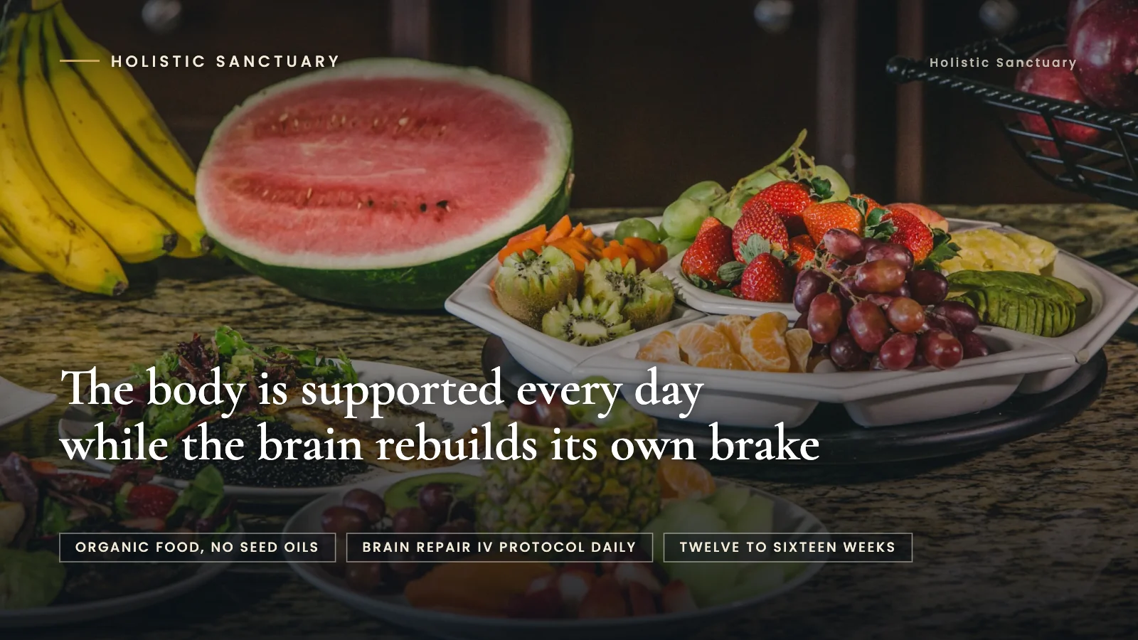 Infographic over a platter of fresh organic fruit at Holistic Sanctuary in Baja California, stating that the body is supported every day while the brain rebuilds its own brake, with labels for organic food with no seed oils, the Brain Repair IV protocol daily, and twelve to sixteen weeks.
