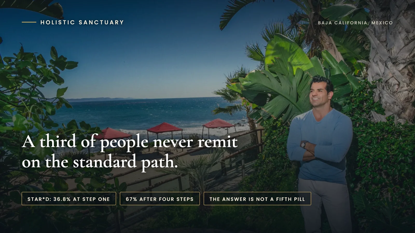 Treatment Resistant Depression: What the Research Shows, and What Has Changed Treatment resistant depression infographic over Holistic Sanctuary founder Johnny Tabaie beside the oceanfront pool in Baja California, Mexico, stating that a third of people never remit on the standard path.